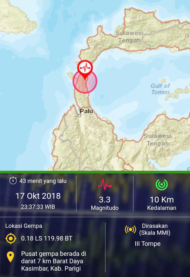 BMKG: Kasimbar-Parigi Diguncang Gempa Magnitude 3,3 SR 2 Kasimbar-Parigi Diguncang Gempa Magnitude 3,3 SR