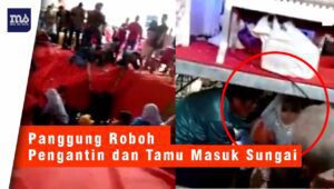 Viral: Panggung Pernikahan Roboh Pengantin dan Tamu Jatuh ke Sungai