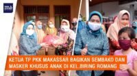 Kunjungi Kel. Biring Romang, Ketua TP PKK Kota Makassar Bagikan Sembako dan Masker Khusus Anak