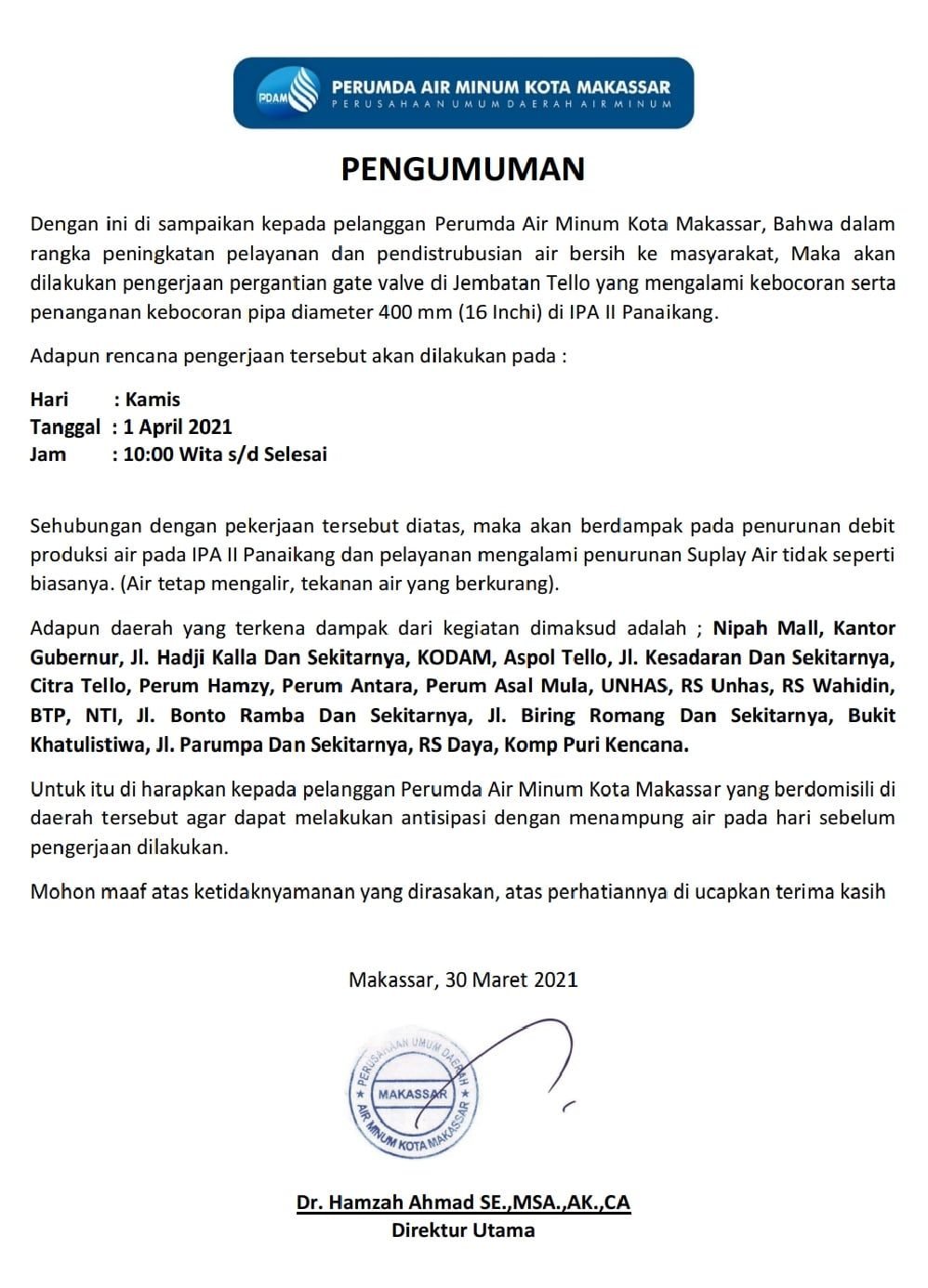 PDAM Makassar Umumkan pengerjaan gate valve serta pipa diameter 400 mm besok, ini wilayah yang terdampak