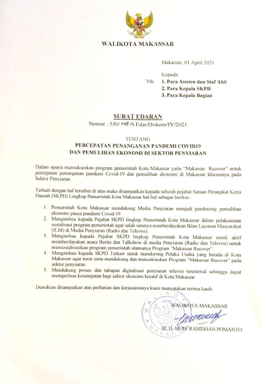 Harsiarnas ke-88: Walikota Makassar Terbitkan Edaran Pemulihan Ekonomi Industri Penyiaran 2 Harsiarnas ke-88: Walikota Makassar Terbitkan Edaran Pemulihan Ekonomi Industri Penyiaran