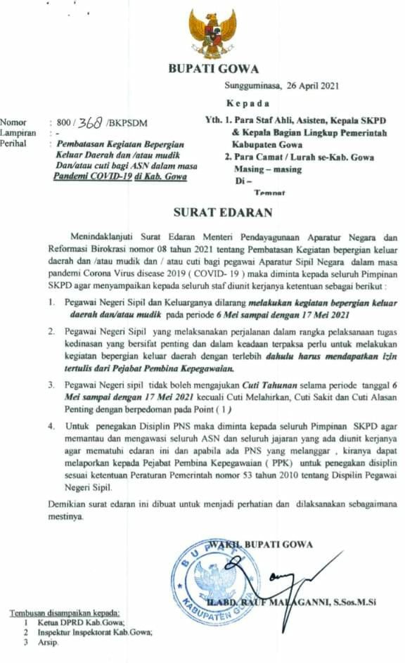 Bupati Gowa Keluarkan Surat Edaran Larangan Mudik & Cuti Lebaran Bagi ASN 3 Bupati Gowa Keluarkan Surat Edaran Larangan Mudik & Cuti Lebaran Bagi ASN
