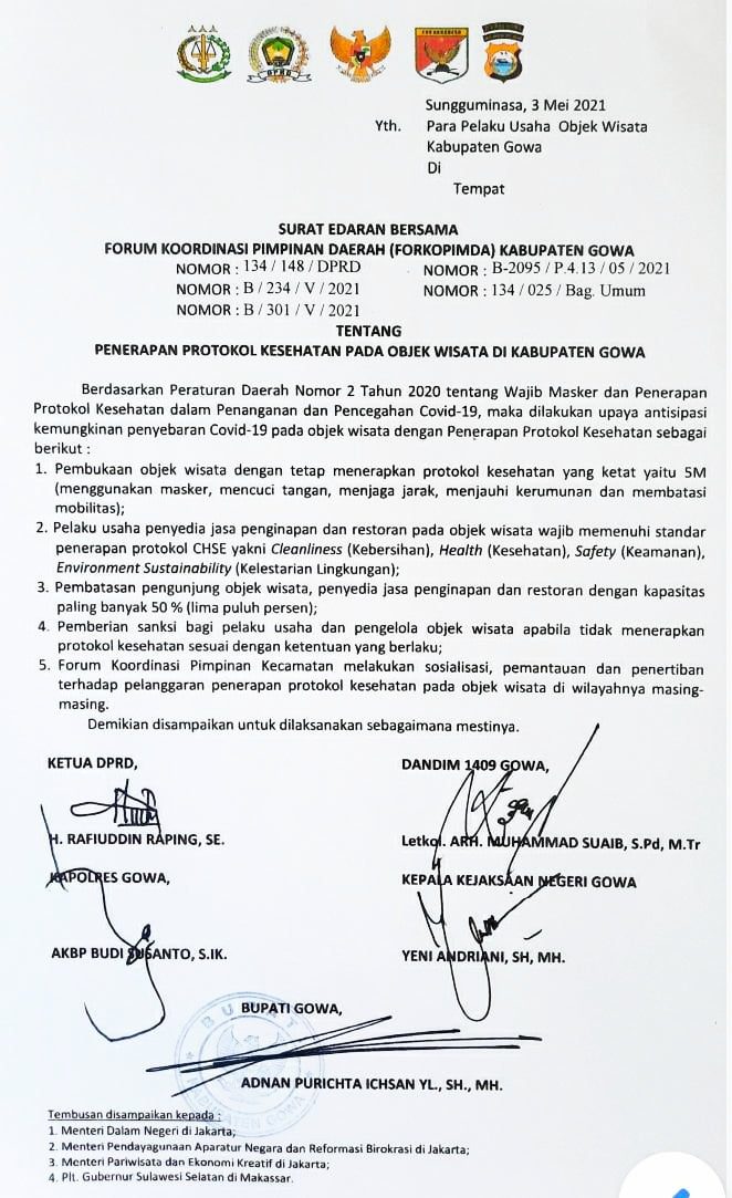 Surat Edaran tentang Penerapan Protokol Kesehatan Pada Objek Wisata di Kabupaten Gowa. 