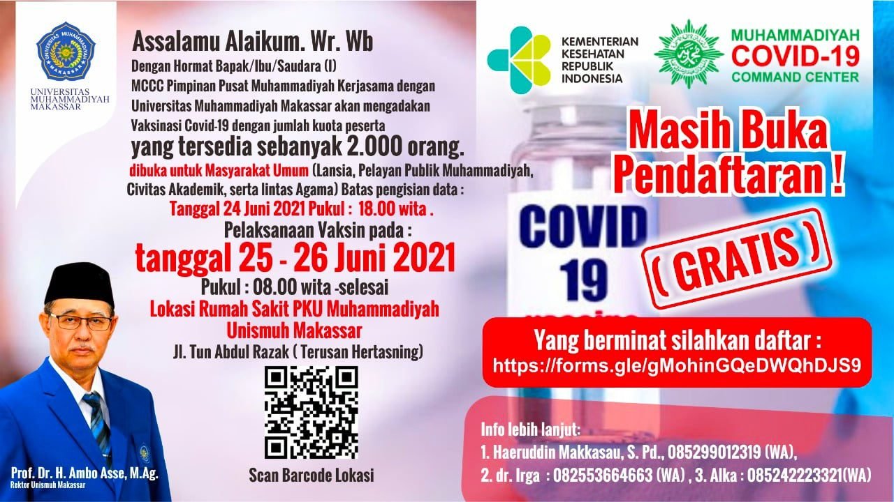 MCCC PP Muhammadiyah Kerjasama Unismuh Makassar Vaksinasi Covid-19 Gratis, Kuota 2000 Peserta