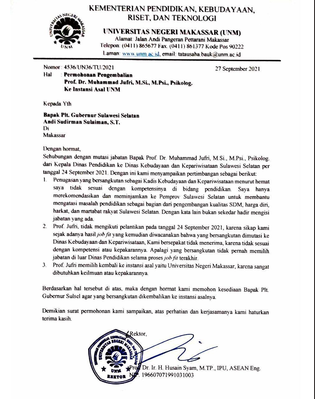 Digeser ke Disbudpar, Rektor UNM tarik kembali Prof Jufri