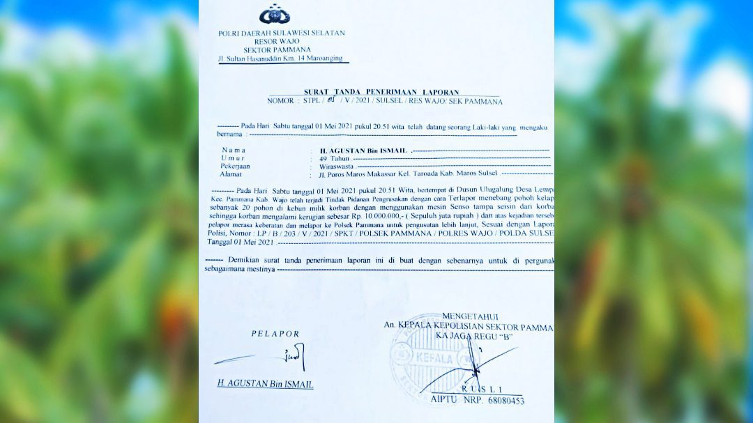 Laporan H. Agustan Perihal Perusakan Lahannya Memasuki Tahap 1 Kejaksaan