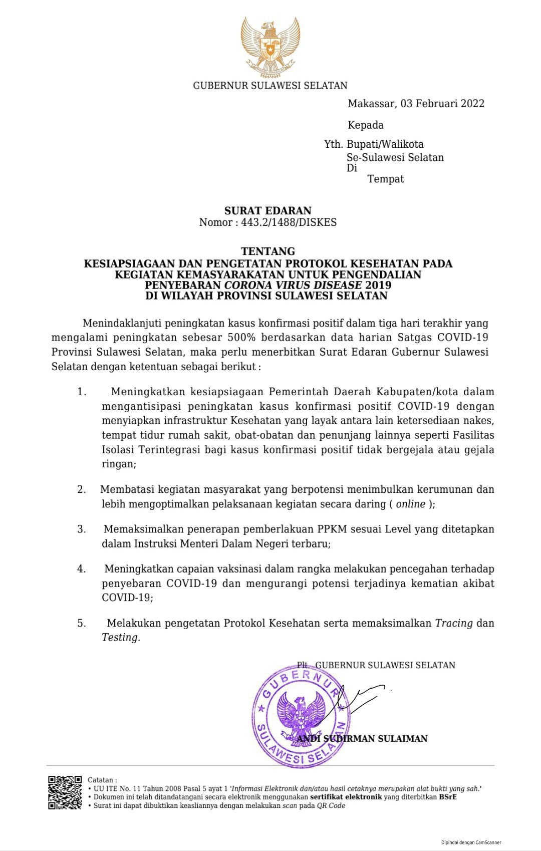 Kesiapsiagaan Peningkatan Covid-19, Plt Gubernur Sulsel Keluarkan Edaran ini