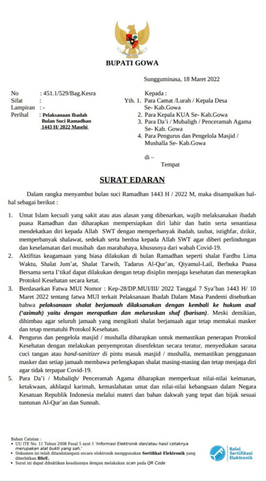 Ramadhan Tahun Ini, Pemkab Gowa Bolehkan Aktifitas Keagamaan