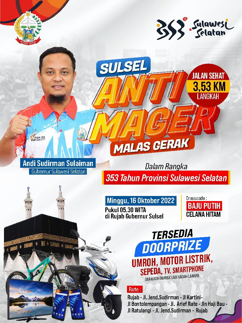 Gubernur Ajak Warga 'Sulsel Anti Mager' Sepanjang 3,53 Km, Siapkan Hadiah Utama Umrah 2 Gubernur Ajak Warga 'Sulsel Anti Mager' Sepanjang 3,53 Km, Siapkan Hadiah Utama Umrah