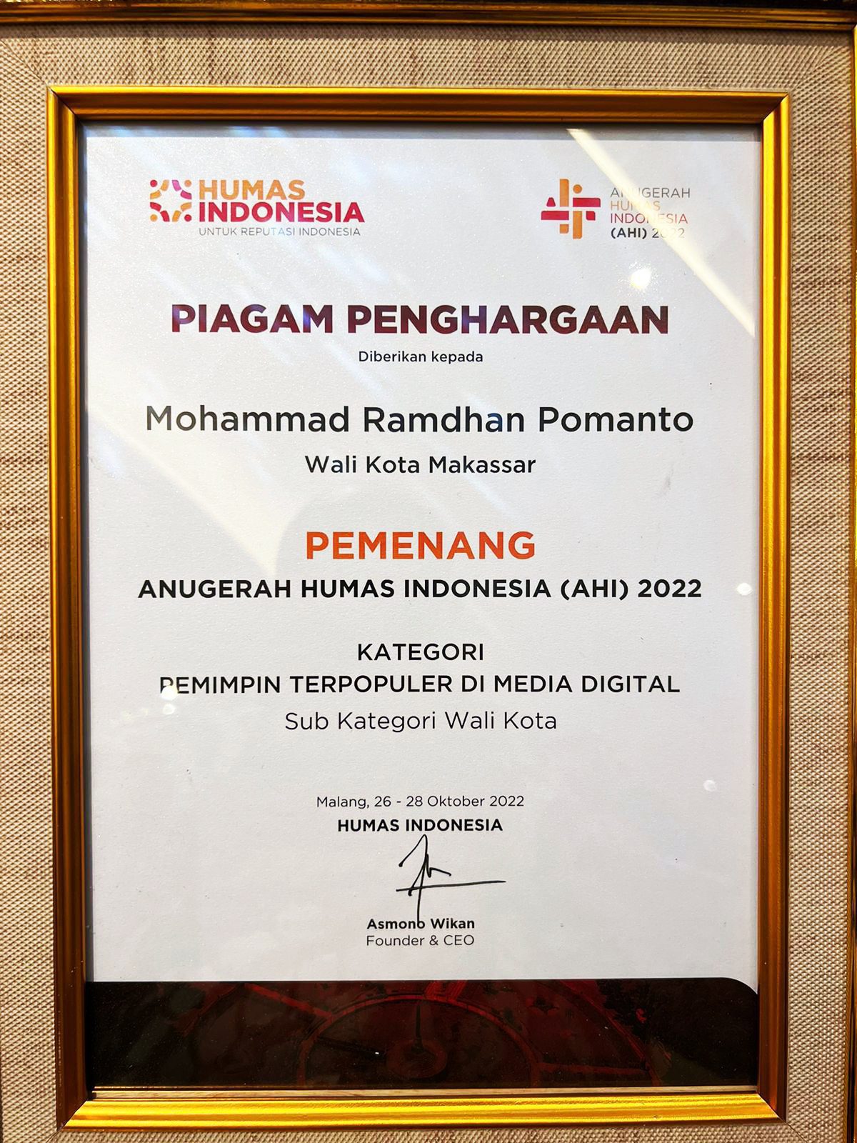 Danny Pomanto Sabet Penghargaan Wali Kota Terpopuler di AHI 2022 2 Danny Pomanto Sabet Penghargaan Wali Kota Terpopuler di AHI 2022