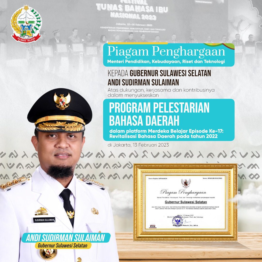 Gubernur Andi Sudirman Raih Penghargaan atas Pelestarian Bahasa Daerah dari Kemeristek Dikti