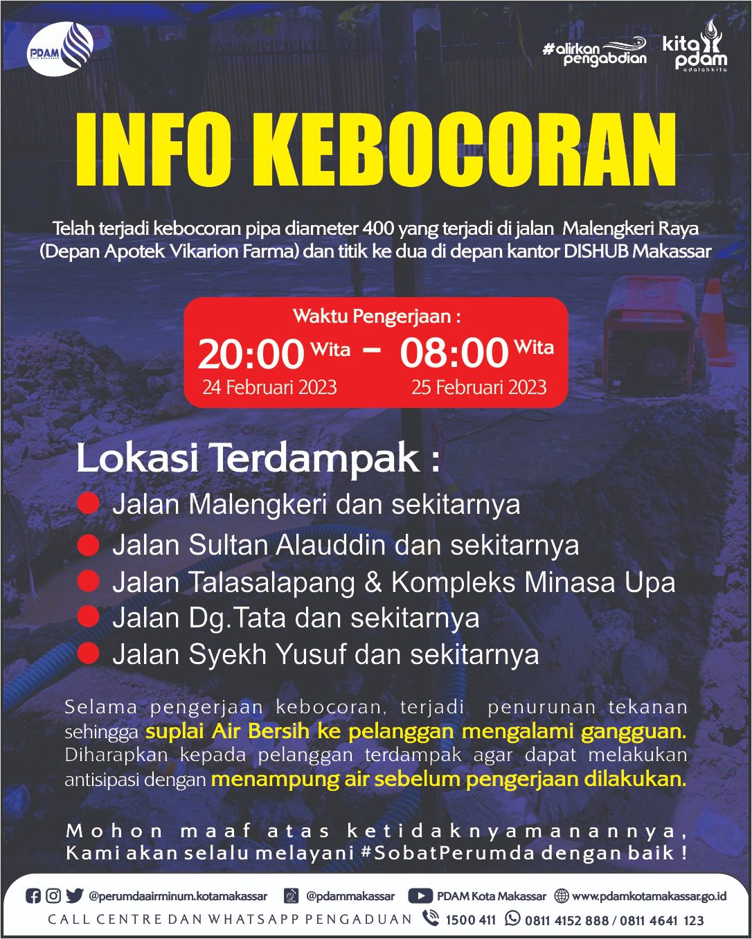 Pipa Besar PDAM Bocor di Malengkeri, Beberapa Wilayah Mengalami Gangguan 2 PDAM Makassar