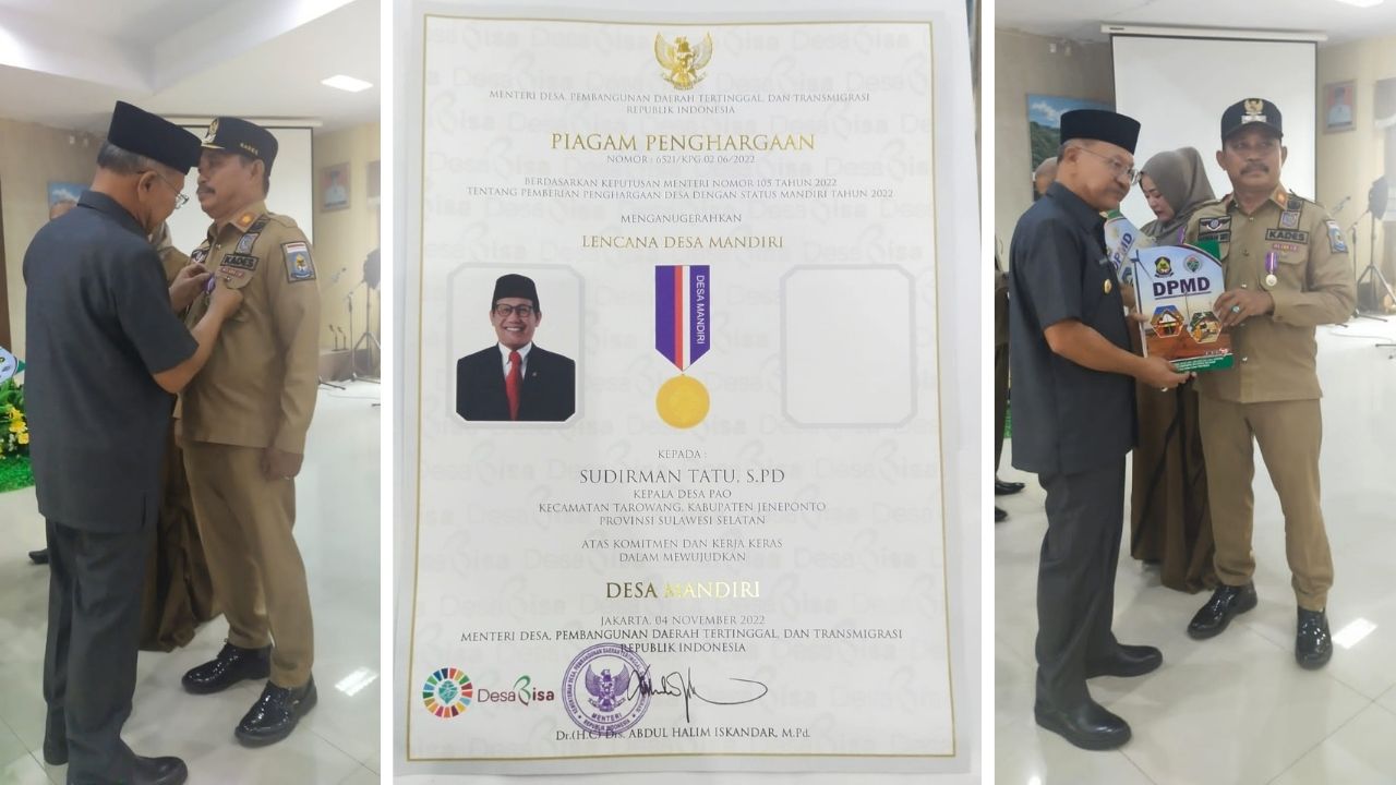 Di Kepemimpinan Sudirman Tatu, Desa Pao Raih Predikat Desa Mandiri dari Kemendes