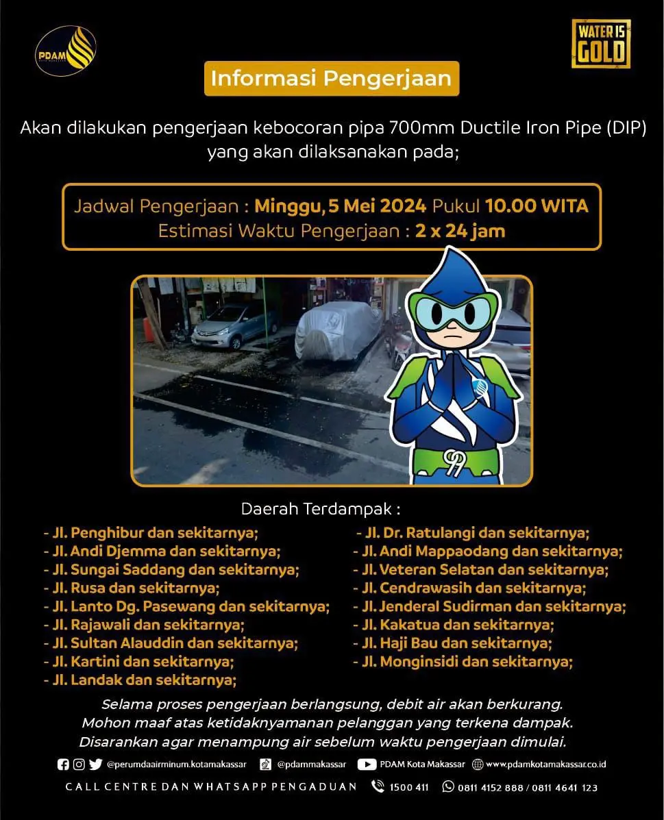 Ada Kebocoran Pipa, PDAM Makassar Sarankan Pelanggan Tampung Air Sebelum Hari Minggu