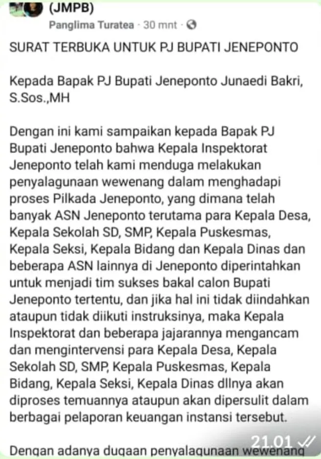 Viral Kepala Inspektorat Jeneponto Diduga Arahkan untuk Salah Satu Bakal Calon, Maskur: Sekarang Belum Tahapan Pilkada