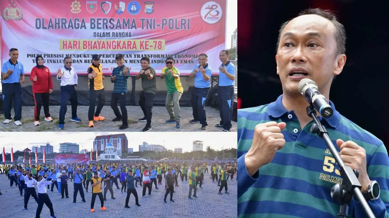 Pj Gubernur Sulsel Kompak Olahraga Bersama TNI-Polri dalam Rangka HUT Bhayangkara Ke-78