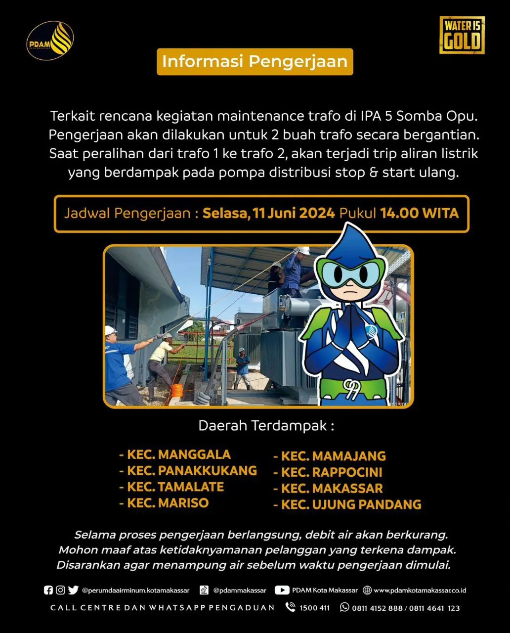 Harap Tampung, Air PDAM Makassar Akan Maintenance 2 Trafo Secara Bergantian, 8 Kecamatan Terdampak 2 Harap Tampung Air PDAM Makassar Akan Maintenance 2 Trafo Secara Bergantian, 8 Kecamatan Terdampak