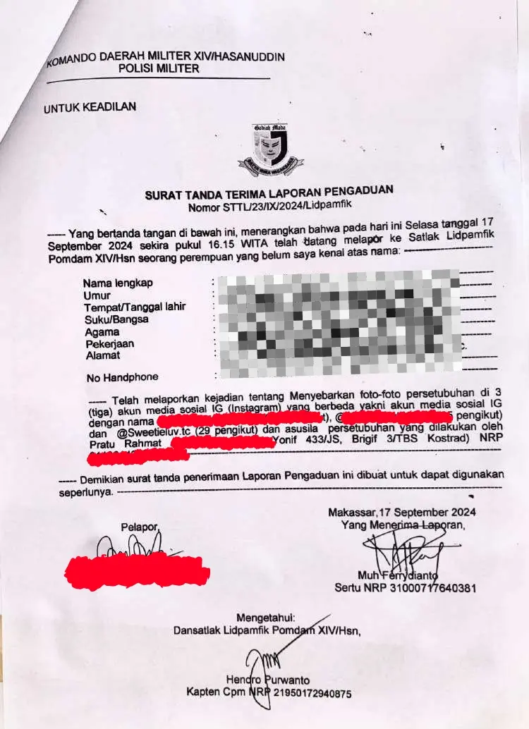 Oknum TNI 433 Kostrad Dilaporkan ke POMDAM Hasanuddin Terkait Penyebaran Foto Asusila