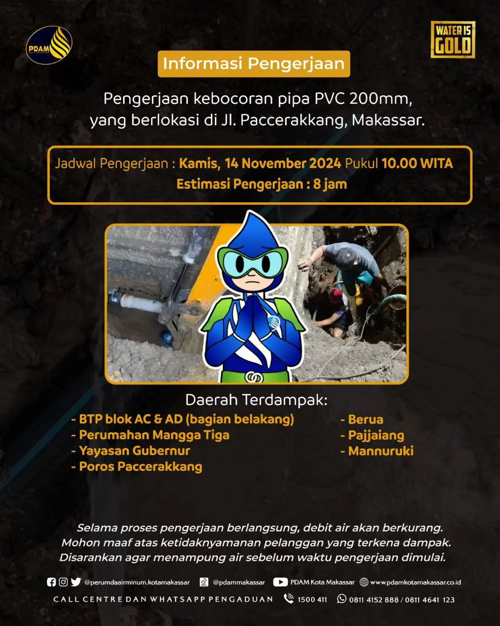 Kebocoran Pipa PDAM di Paccerakkang Berdampak pada Pasokan Air di Beberapa Wilayah
