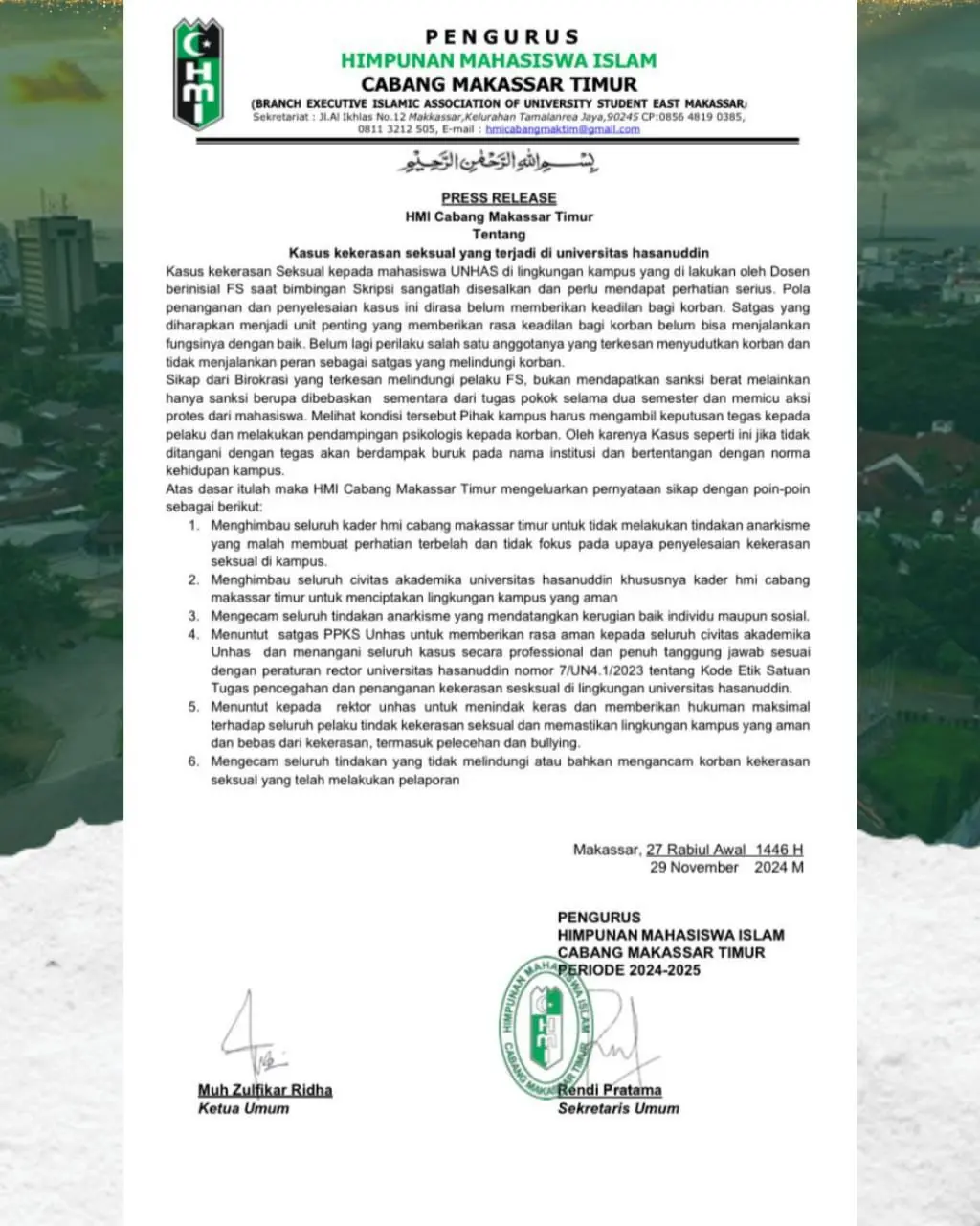 HMI Makassar Timur Desak Unhas Tangani Kasus Kekerasan Seksual dengan Tegas