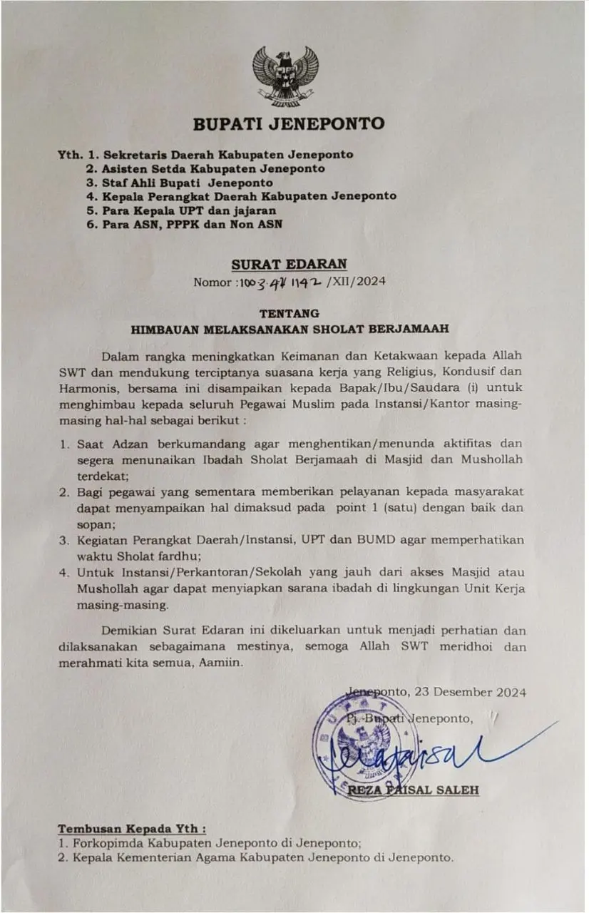 Surat Edaran Pj Bupati Jeneponto Imbau ASN Sholat Berjamaah untuk Ciptakan Suasana Kerja Religius 2 Surat Edaran Pj Bupati Jeneponto Imbau ASN Sholat Berjamaah untuk Ciptakan Suasana Kerja Religius