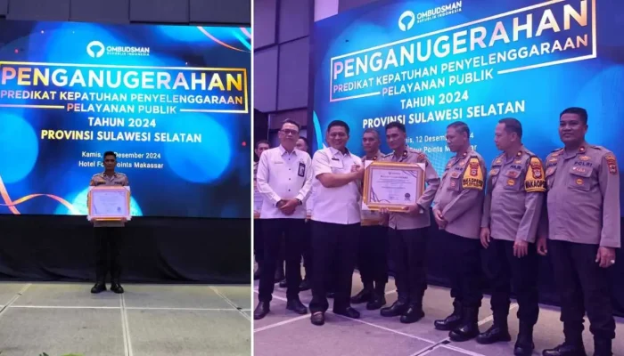 Ombudsman RI Berikan Penghargaan ke Polres Jeneponto soal Predikat Kepatuhan Pelayanan Publik 2024