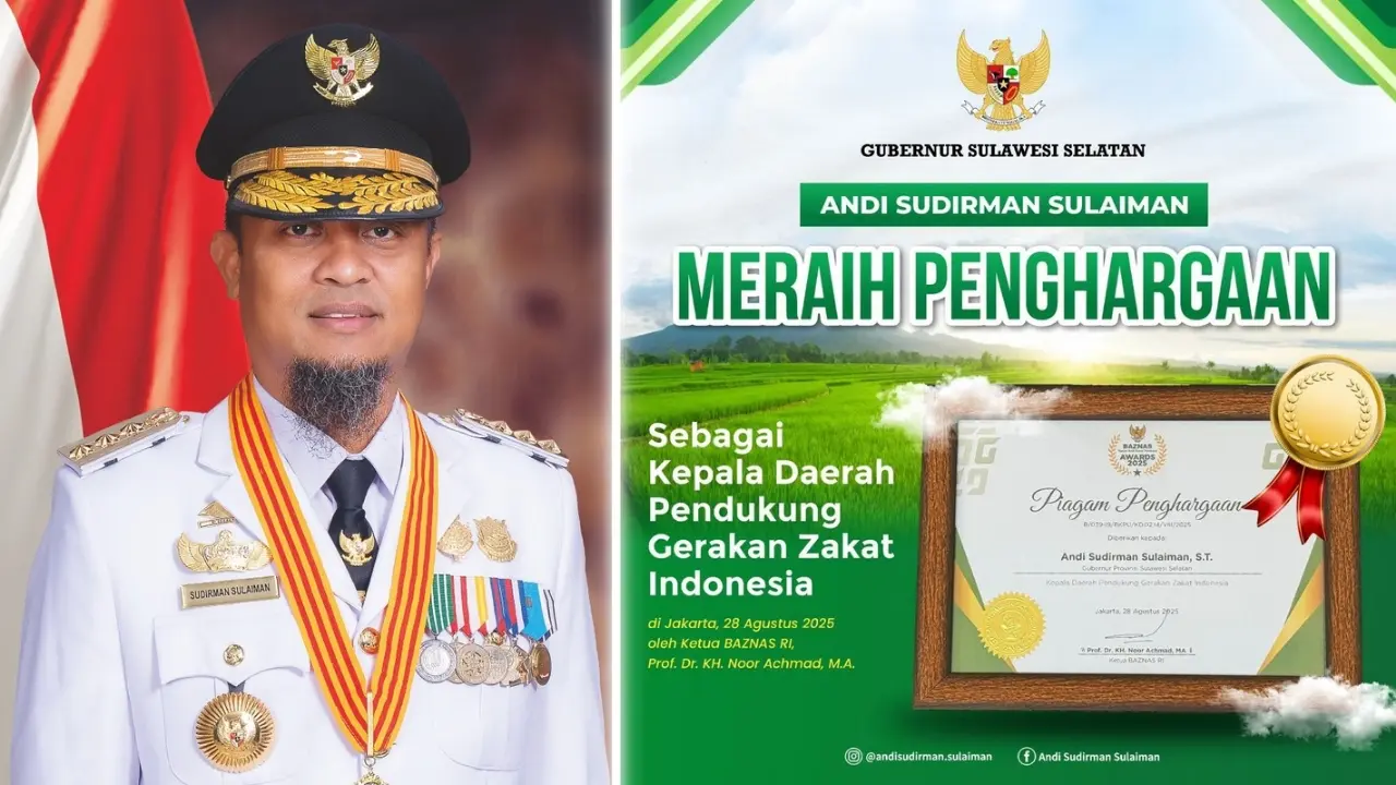 Gubernur Andi Sudirman Raih Baznas Awards 2025 sebagai Kepala Daerah Pendukung Gerakan Zakat