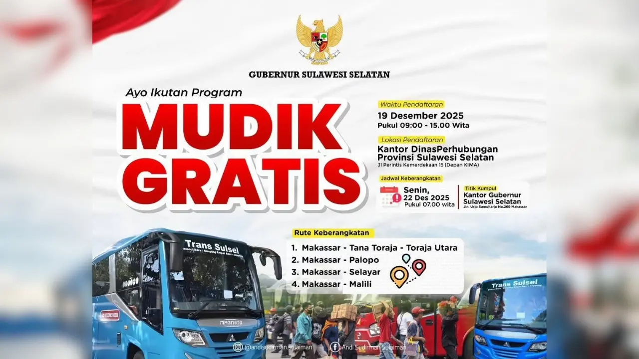 Libur Nataru Pemprov Sulsel Siapkan 5 Rute Mudik Gratis