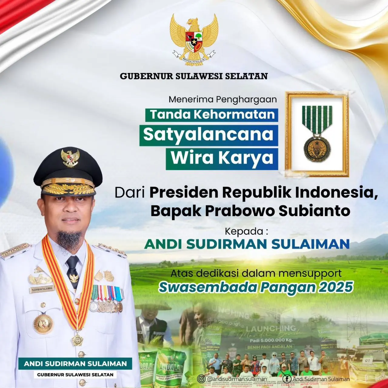 Andi Sudirman Terima Satyalancana Wira Karya dari Presiden Prabowo