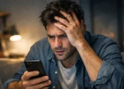 suasana seseorang yang stres melihat layar ponsel,