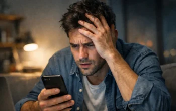 suasana seseorang yang stres melihat layar ponsel,