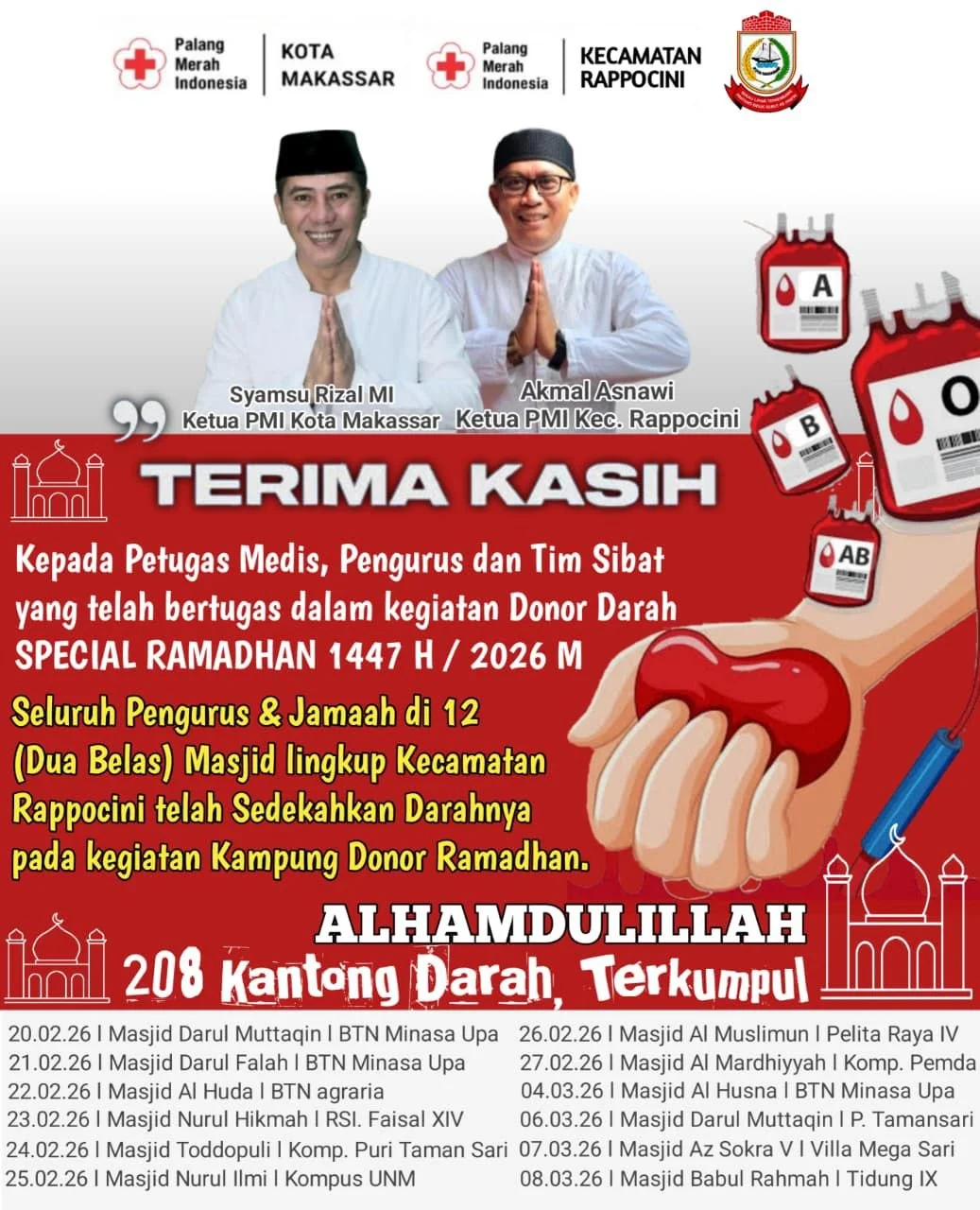 PMI Makassar Kumpulkan 208 Kantong Darah dari 12 Masjid di Rappocini dalam Program Special Ramadan 1447 H 2 PMI Makassar Kumpulkan 208 Kantong Darah dari 12 Masjid di Rappocini dalam Program Special Ramadan 1447 H