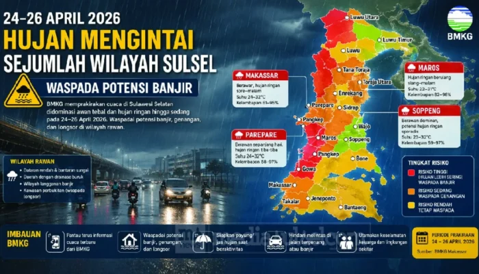 24–26 April, Hujan Mengintai Sejumlah Wilayah Sulsel, Warga Diminta Waspada Potensi Banjir