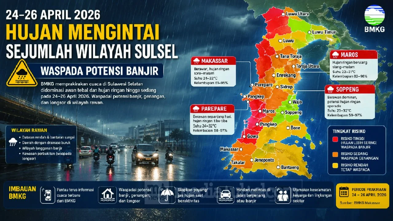 24–26 April, Hujan Mengintai Sejumlah Wilayah Sulsel, Warga Diminta Waspada Potensi Banjir