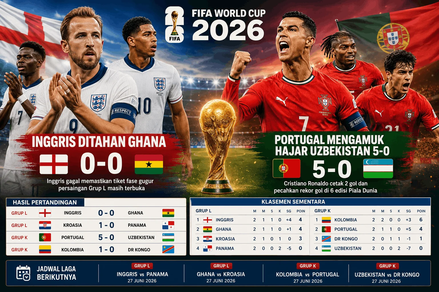 Inggris Gagal Kunci Tiket Fase Gugur, Portugal Mengamuk Hajar Uzbekistan 5-0 di Piala Dunia 2026