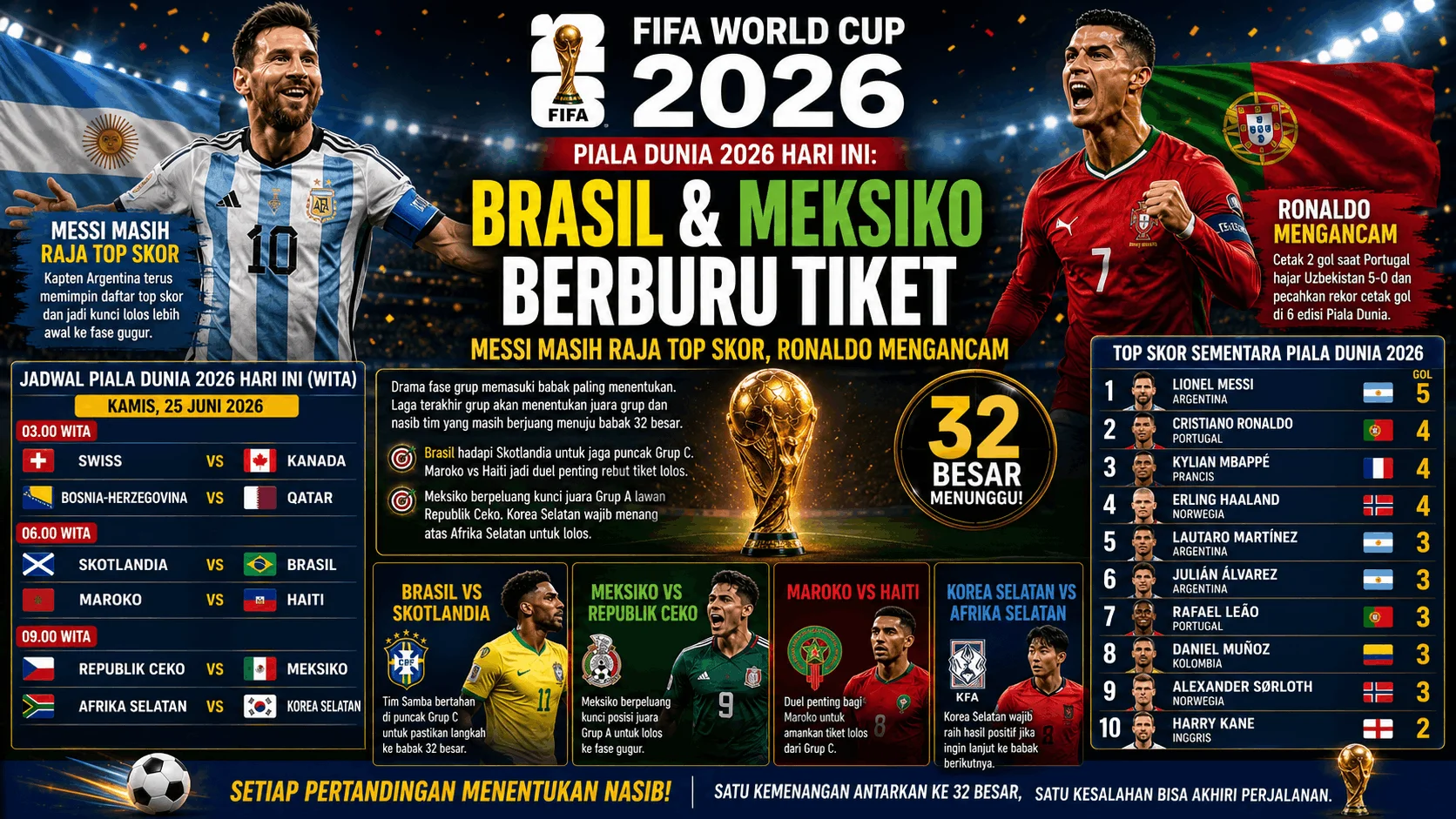 Piala Dunia 2026 Hari Ini: Brasil & Meksiko Berburu Tiket, Messi Masih Raja Top Skor, Ronaldo Mengancam
