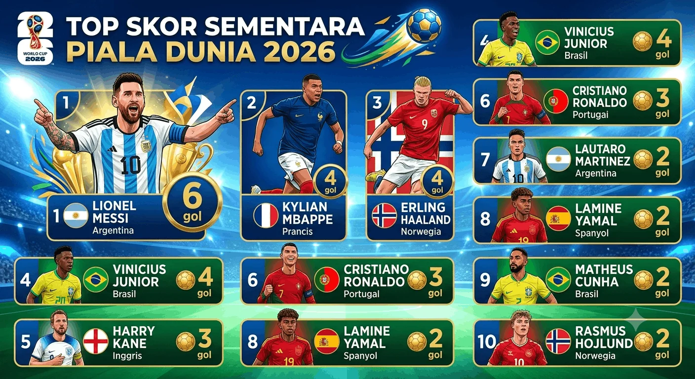 Brasil dan Meksiko Sapu Bersih Fase Grup, Messi Masih Memimpin Daftar Top Skor Piala Dunia 2026 2 Top Skor Sementara Piala Dunia 2026