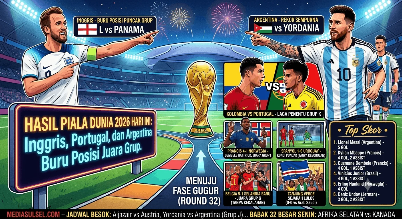 Hasil dan Jadwal Piala Dunia 2026 Hari Ini: Inggris, Portugal, Argentina Berebut Status Juara Grup