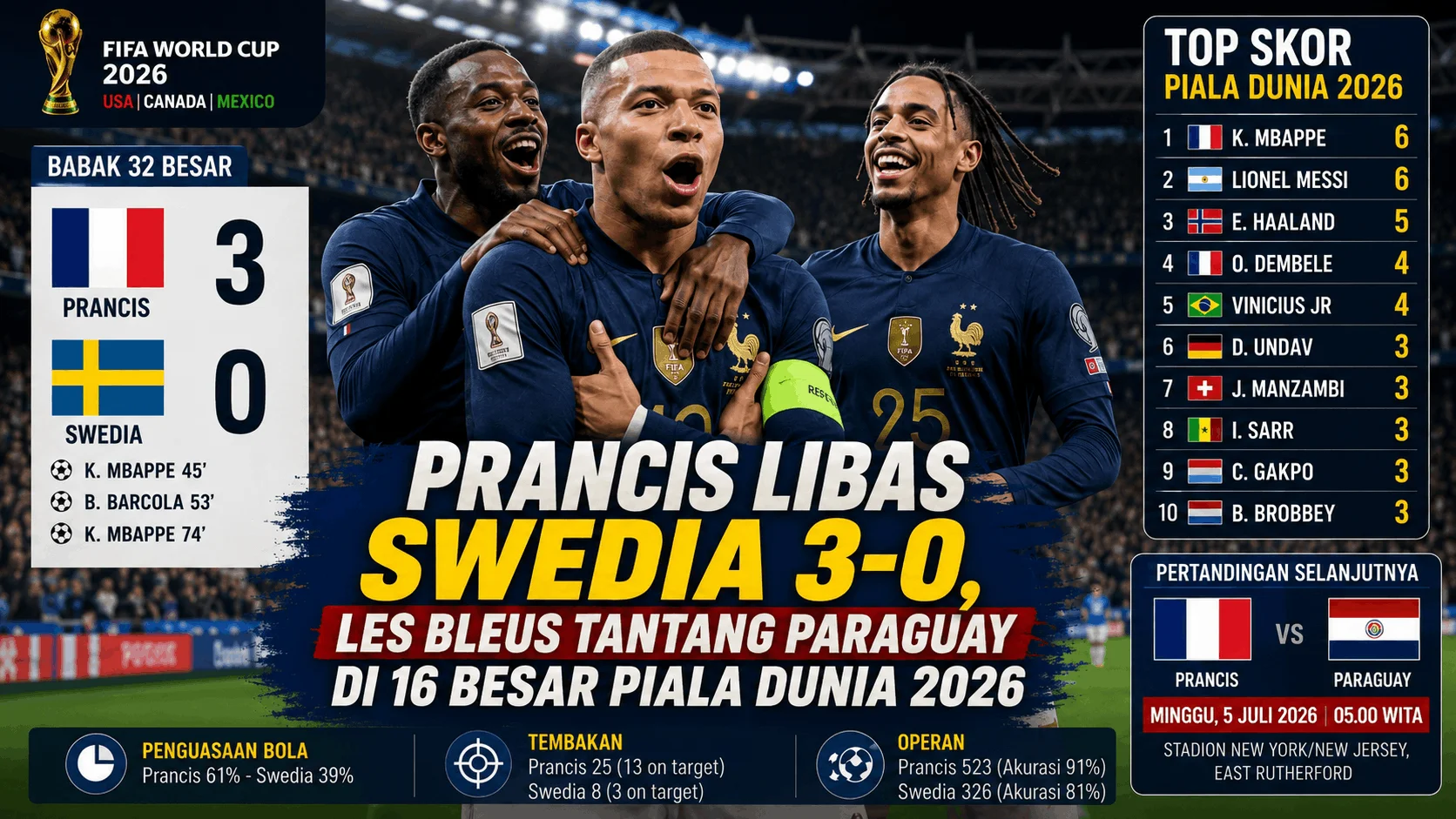 Prancis Libas Swedia 3-0, Les Bleus Tantang Paraguay di 16 Besar Piala Dunia 2026