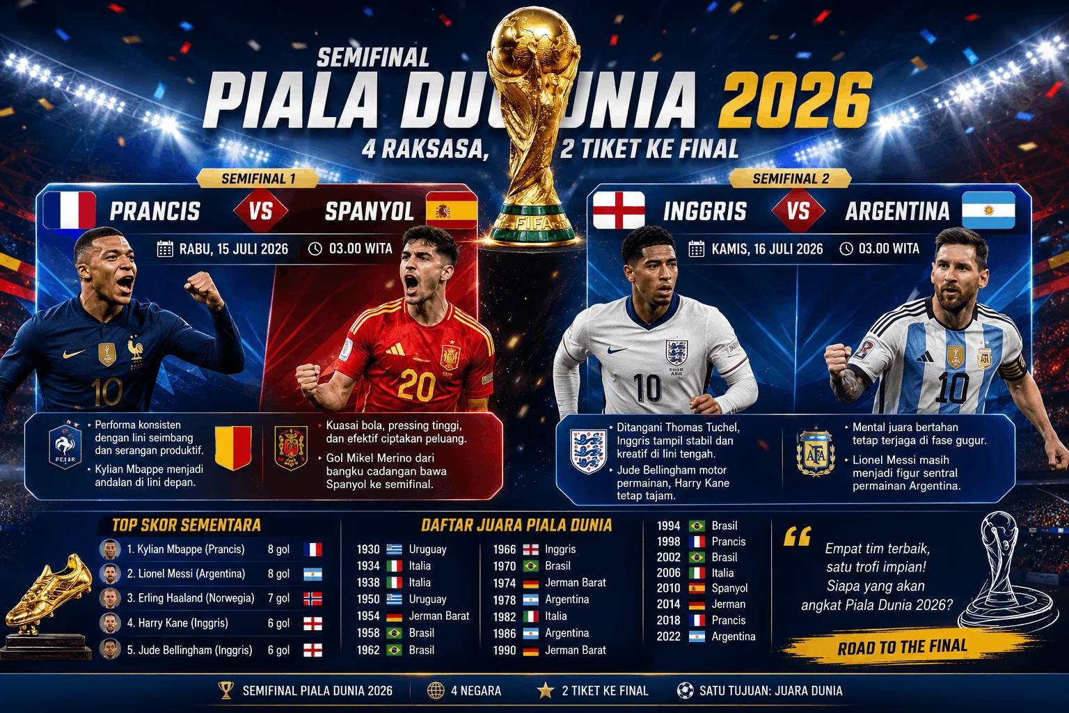 Jadwal Semifinal Piala Dunia 2026: Prancis Vs Spanyol, Inggris Vs Argentina