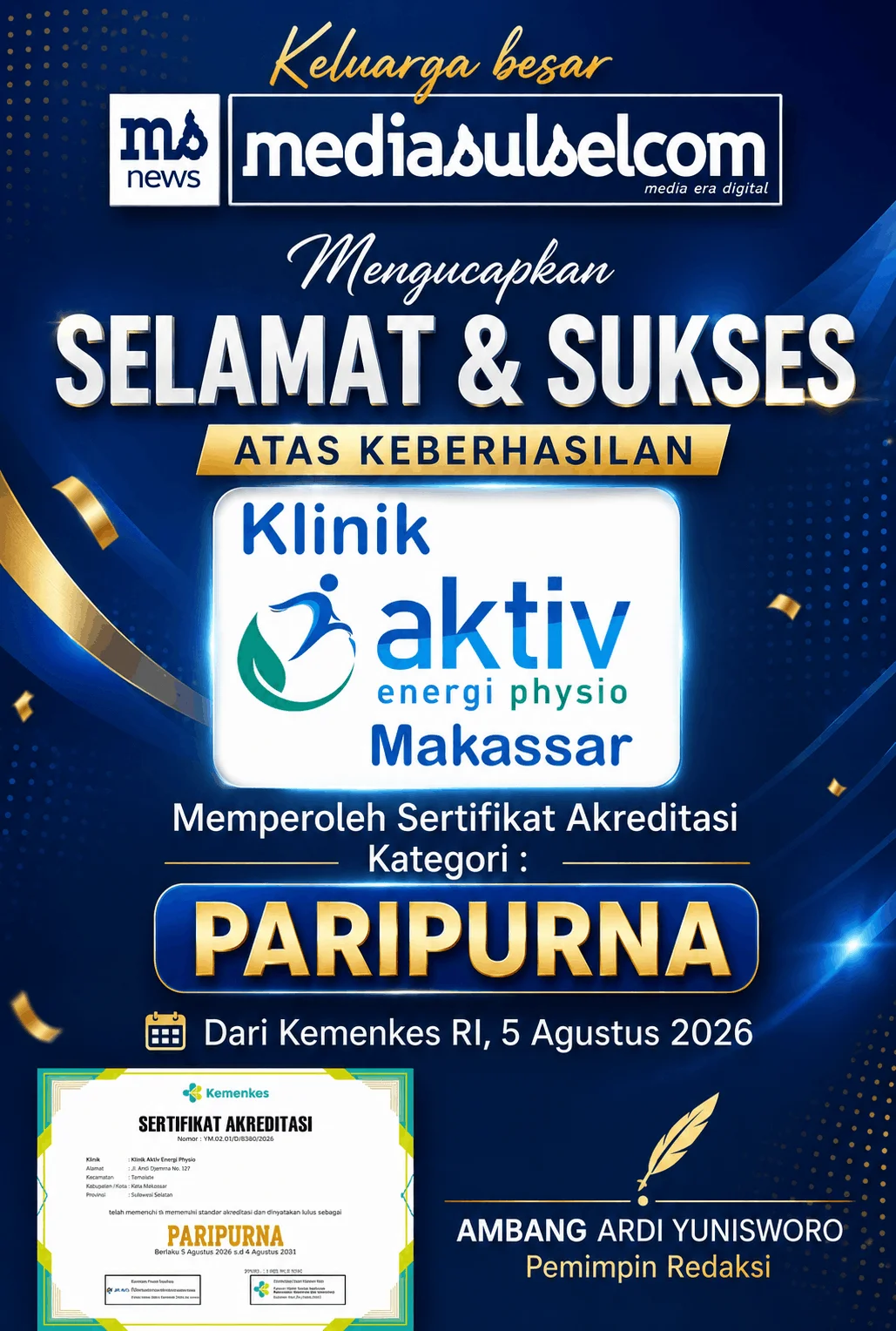 Klinik Aktiv Energi Physio Makassar memperoleh Akreditasi Paripurna